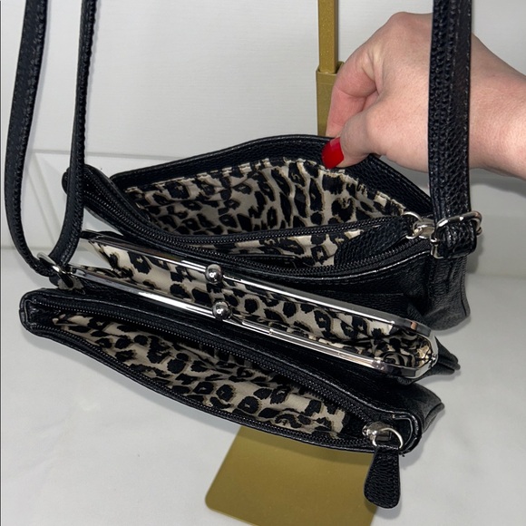 Nine West Black Two Way Bag Silver Kisslock and Leopard Print Interior GUC - Picture 7 of 15